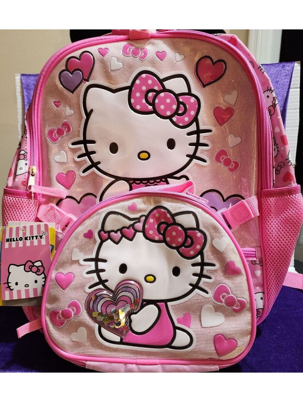 Hello Kitty Pink Backpack with Matching Lunch Bag and Bonus Headphones Set